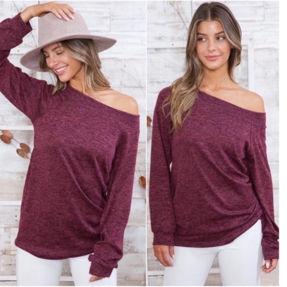 (32)New USA MADE Burgundy Ultra Soft Off Shoulder Women's Everyday Top - Picture 1 of 3